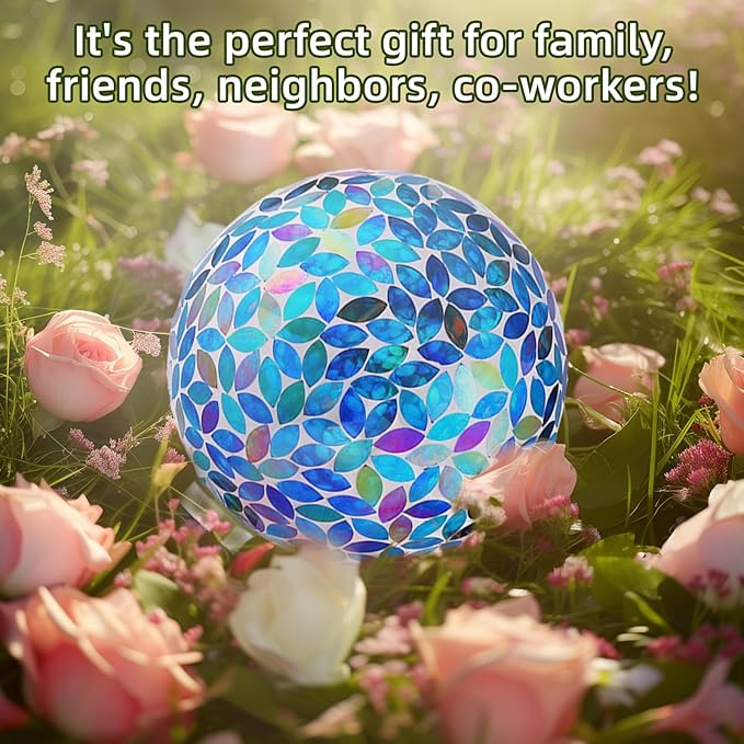 VOREEN 10-Inch Gazing Ball Glass Mosaic Gazing Globe, Handmade Outdoor Reflective Ball Yard Decoration for Homes, Patio, Lawn and Gardens, Gift for Mom Wife Friend, Blue and Amber