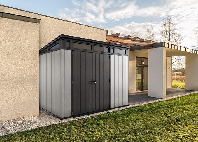 Keter Artisan 9x7 Foot Large Outdoor Shed with Floor with Modern Design for Patio Furniture, Lawn Mower, Tools, and Bike Storage, feet, Grey/Black