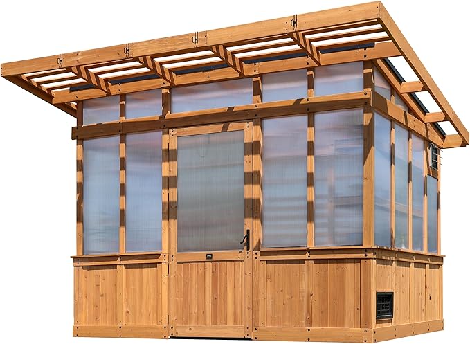 Backyard Discovery Poppy 11' x 7' Cedar Wood and Polycarbonate Walk-In Greenhouse Kit with Exhaust Fan, Windows, Hose Hook-Ups, PowerPort, Staging Shelves, Plant Hooks for Year-Round Outdoor Gardening