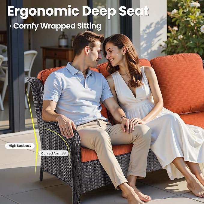 ovios 5 Pieces Patio Furniture Set, Outdoor Wicker Sofa Couch with Swivel Chairs 42" Fire Pit Table, High Back All Weather Modern Conversation Sets, Brown Rattan, Orange Red