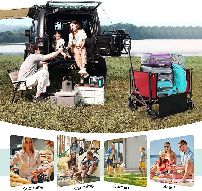 SUNNYFEEL Wagon Cart Foldable, Standard Borderless Version Collapsible Wagon with 220 LBS Max Load, Up to120L Foldable Grocery Cart with Side Opened for Groceries, Garden & Camping,Red
