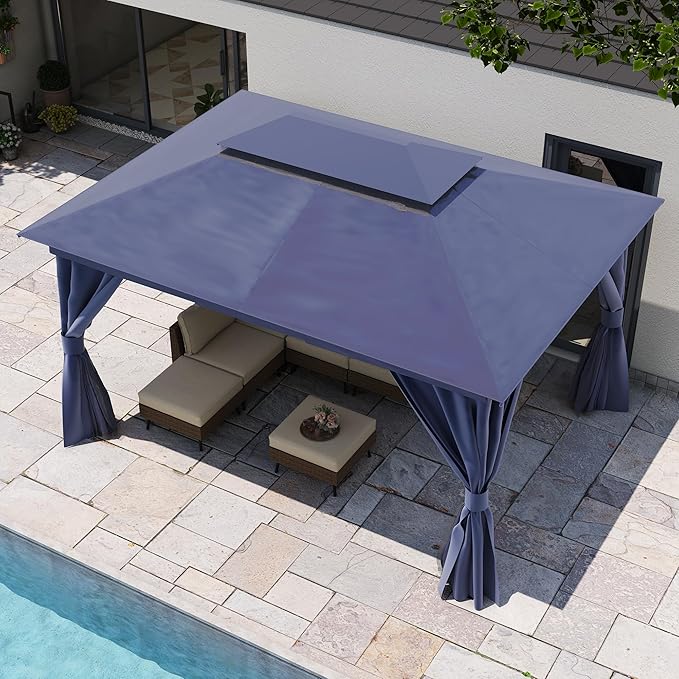 LAUSAINT HOME Outdoor Patio Gazebo 10'x13' with Expansion Bolts, Heavy Duty Gazebos Shelter Party Tent with Double Roofs, Mosquito Nettings and Privacy Screens for Backyard, Garden, Lawn, Navy Blue