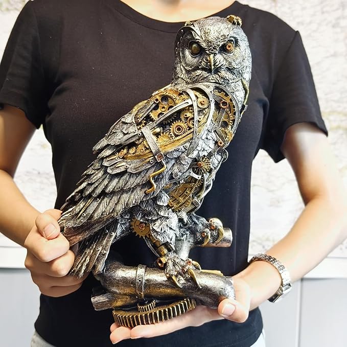 Steampunk Owl Statue 11.6'' H Metallic Silver and Gold Gothic Collectible Animal Figurine Wisdom Gift Owl Sculpture for Home Office Decoration Living Room Tabletop Mantel