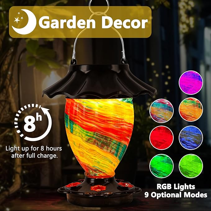 LUJII Solar Hummingbird Feeder for Outside, Color Changing, Hand Blown Glass, 32 fl.oz Never Leak, Waterproof & Rustproof, Lighted Lantern for Patio Decor, Unique Gift for Bird Lover (Ribbon)