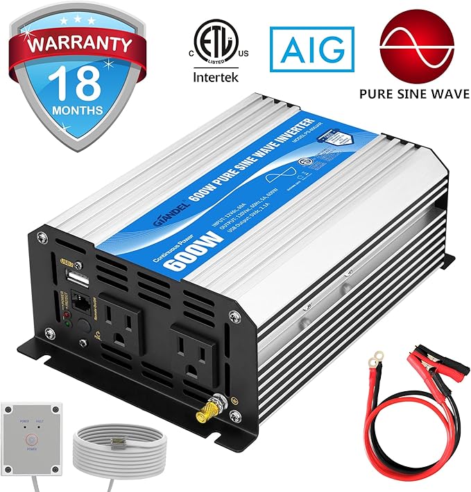 GIANDEL Power Inverter Pure Sine Wave 600Watt 12V DC to 120V AC with Remote Control Dual AC Outlets ETL Listed UL458 Standard for Small Solar System Outdoor Emergency