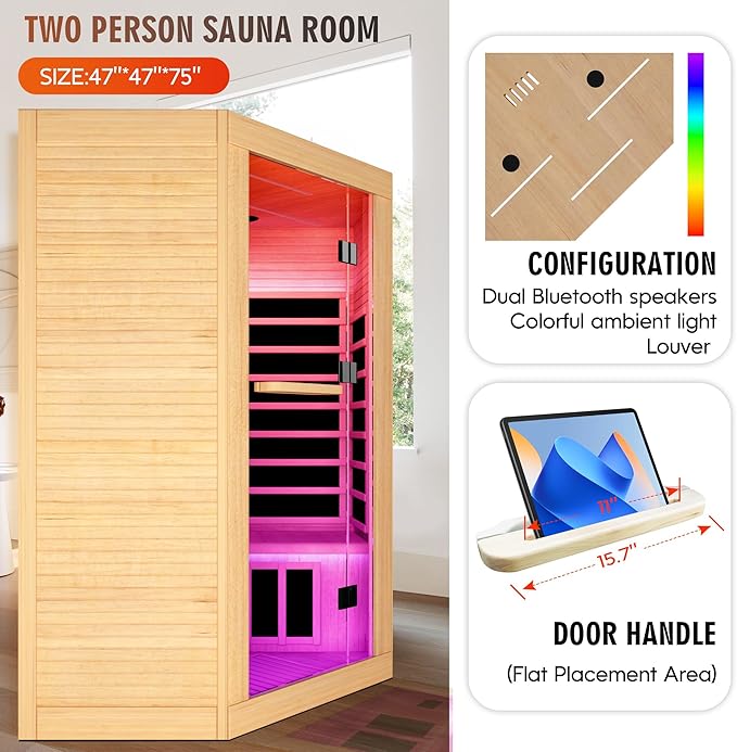 Home Sauna Far Infrared Sauna 7-Colors LED Light Indoor Sauna for 2-3 Person, Dry Sauna Room with Low EMF 2180W,with Canadian Hemlock Wood,with Towel Rack and Cup Holder