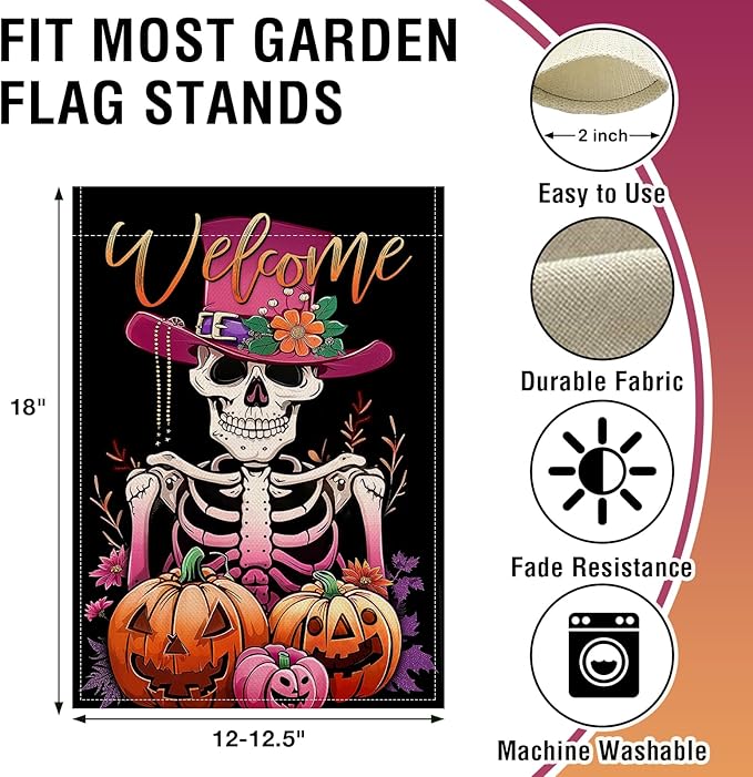 Artofy Welcome Halloween Gothic Skeleton Small Decorative Garden Flag, Pink Scary Skull Jack O Lantern Pumpkin Yard Lawn Outside Decor, Horror Flowers Burlap Outdoor Home Decoration Double Sided 12x18