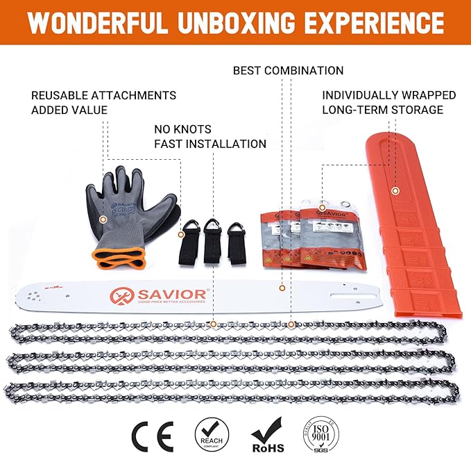 Savior 20 Inch Chainsaw Guide Bar and D70 Chain Combo, 3/8" Pitch .050" Gauge 70 Drive Links for Echo CS-590 CS-600 Poulan Pro Homelite McCulloch Replacement 200PXDD176, 27850 (Chain*3+Bar*1)