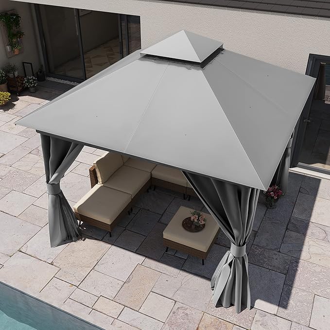 LAUSAINT HOME Outdoor Patio Gazebo 10'x10' with Expansion Bolts, Heavy Duty Gazebos Shelter Party Tent with Double Roofs, Mosquito Nettings and Privacy Screens for Backyard, Garden, Lawn, Smoke Grey