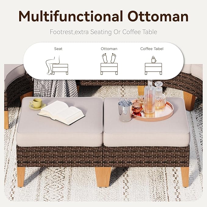 GREEN PARTY 7 Pieces Wicker Patio Furniture Set, All-Weather Outdoor Rattan Half-Moon Patio Curved Sectional Sofa Conversation Set for Garden, Backyard, 2 x Ottomans