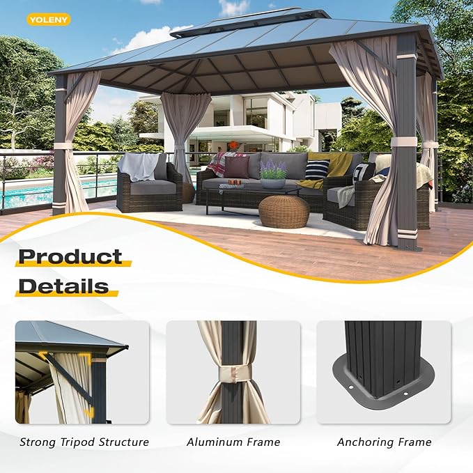 YOLENY 12' x 16' Hardtop Gazebo, Permanent Outdoor Aluminum Patio Gazebo with Aluminum Composite Double Roof for Patio Lawn and Garden, Curtains and Netting Included