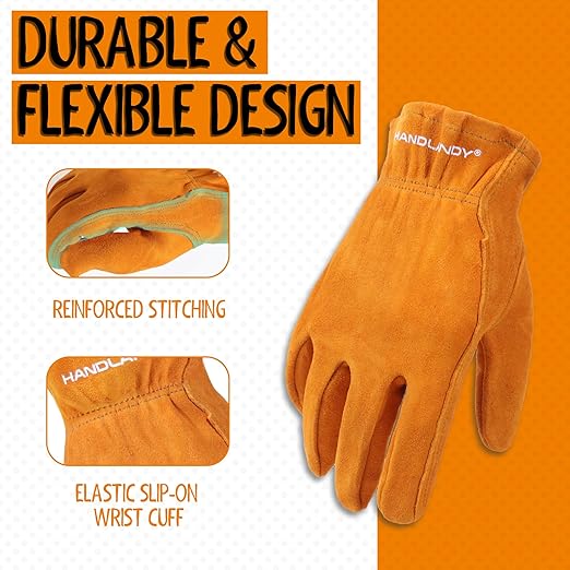 HANDLANDY 2 Pairs Kids Genuine Leather Work Gloves for ages 3-11, Children Gardening Gloves for Boys, Girls (Large (for age 8-11), Orange)