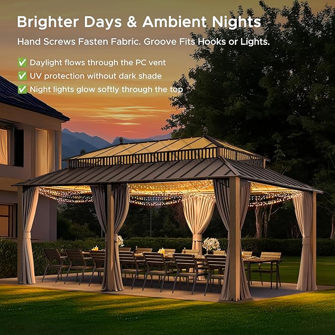 SUNJOY Kingston 20' x 12' Hardtop Gazebo with Galvanized Steel/Polycarbonate Double Roof, Curtain and Netting, Woodgrain Finish Aluminum Posts Permanent Pavilion Gazebo for Garden, Patio, Deck, Lawn