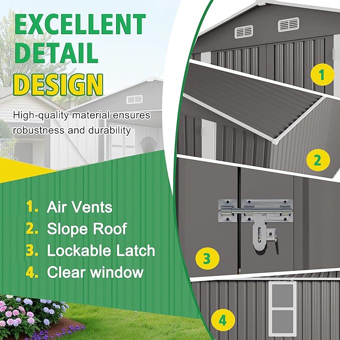 10x12 FT Outdoor Storage Shed,Large Metal Garden Shed with Double Door and Two Windows Waterproof Tool Shed for Backyard Patio Lawn Poolside,Grey