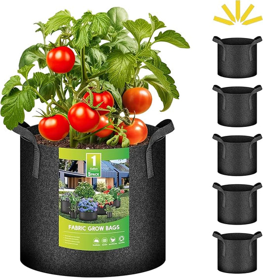 iPower 5 Pack 1 Gallon Grow Bags Heavy Duty 300G Thickened Nonwoven Fabric Plant Pots with 5 Labels & Handles for Outdoor Garden, Aeration Planter Bags for Fruits, Vegetables, Tomato & Flowers, Black