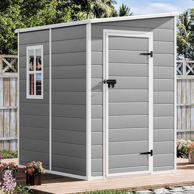 Resin Outdoor Storage Shed with Floor 5x4 FT Waterproof Plastic Sheds Kit Window Lockable Door Included, Outside Small Garden Tools Sheds for Backyard Patio