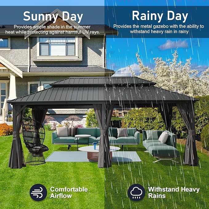 Domi Hardtop Gazebo 12x20FT, Aluminum Outdoor Gazebo with Galvanized Steel Double Roof Canopy, Curtains and Netting Included, Metal Gazebo Permanent Pavilion for Patio, Lawn, Garden, Gray
