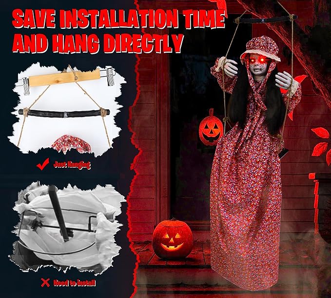 Scary Halloween Decorations Hanging Swinging Doll Girl for Indoor & Outdoor Props, Sound, Touch & Clap Activated with Creepy Sounds & Light-Up Eyes for Halloween Haunted House or Yard Lawn Prop
