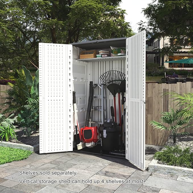 Kinying Outdoor Storage Cabinet, Vertical Storage Shed Perfect to Store Patio Furniture, Garden Tools Accessories,Bike,Beach Chairs and Lawn Mower, 4x2.5 Feet off-white-02B
