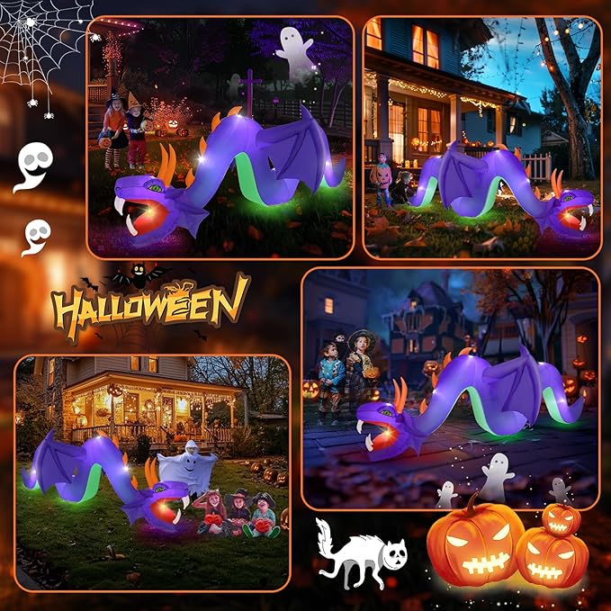 12FT Halloween Inflatables Outdoor Decoration, Large Flying Dragon with Openning Red Mouth Blow Up, Giant Outside Hanging Inflatable with 7 LEDs Light Up for Holiday Yard Lawn Patio Parties Display