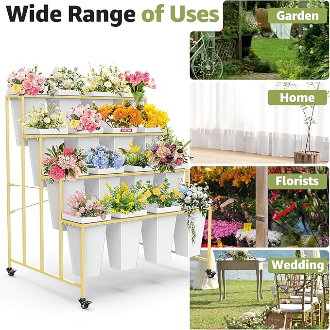 Flower Display Stand 4 Layers with 16 PCS Square Buckets, Plant Stand with Wheels, Movable Metal Plant Stand for Terrace Garden, Living Room, Florist Shop