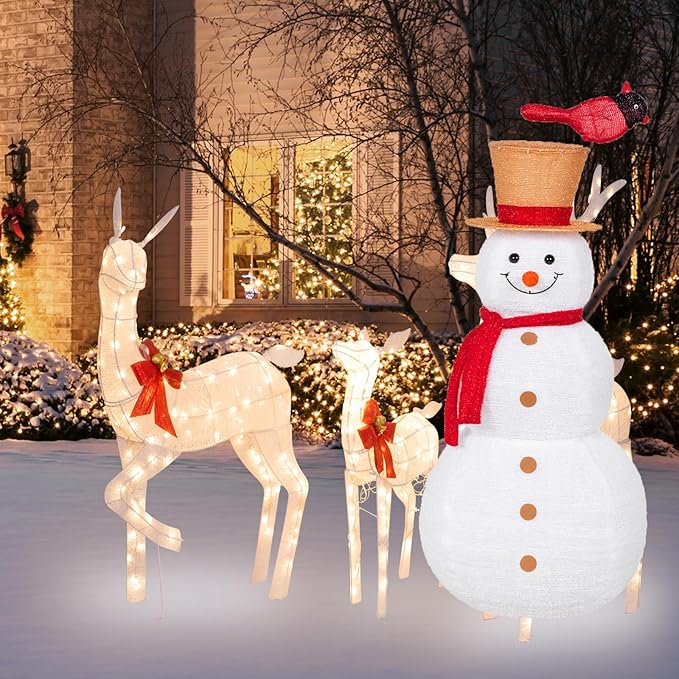 NALONE 4 FT Christmas Lighted Snowman with 100 LED Lights & Timer, Collapsible Snowman Christmas Decorations Outdoor Yard Home, Fluffy Snowman with Bird