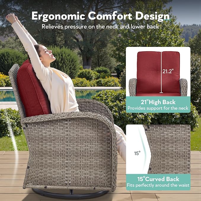 7 Piece Patio Furniture Set with Fire Pit Table - Wicker Patio Conversation Set with Swivel Glider, Glider Loveseat, Side Table and 2 Ottomans for Deck Backyard - Grey Wicker Red Cushion