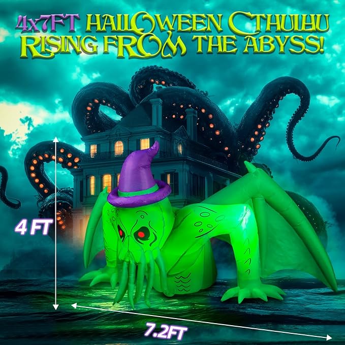 7FT Halloween Inflatables Cthulhu Built-in Bright LED Lights, Halloween Decorations Outdoor Wear Witch Hat Inflatable Cthulhu Blow Up Yard Decoration Blow Ups for Outside Patio Lawn