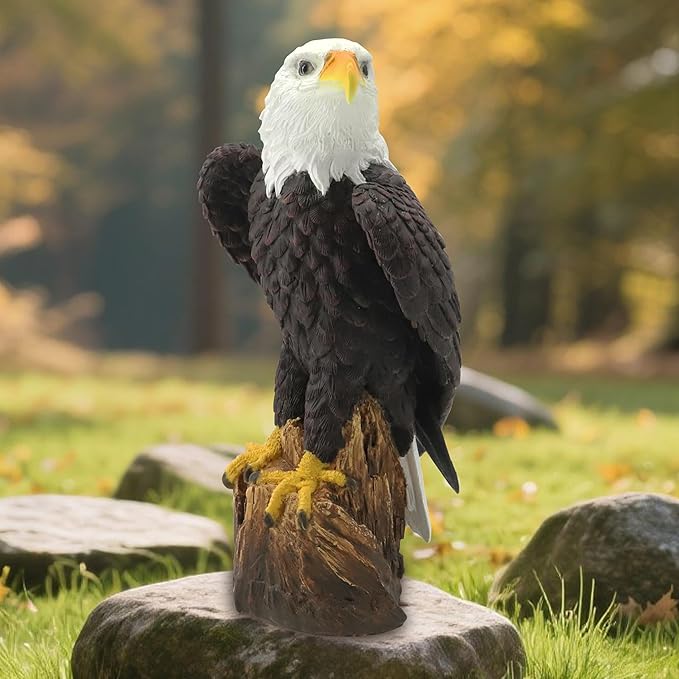 Garden Sculpture Hand-Painted Bald EagleResin Statue 14.2 Inch Tall with Stump Base Realistic Feather Texture & Vivid Postures for Home Office Yard Ornament