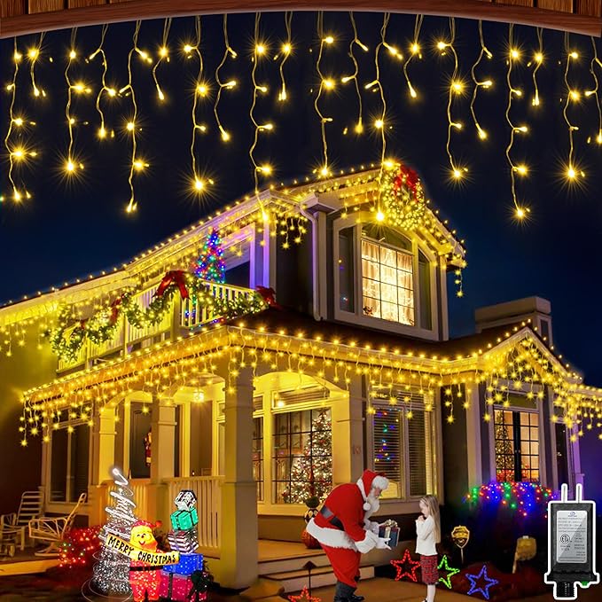132FT 1332 LED Outdoor Christmas Lights - 296 Ice Drops, 12 Pro Modes with Timer Memory & Brightness, Waterproof Hanging Ice String Light for Holiday Wedding Garden Fence House Decor (Warm White)