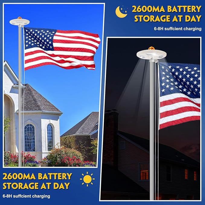 20FT Sliver Heavy Duty Flag Pole Kit with 3x5 Ft American Flag & Solar Light - 12 Gauge Aluminum Tubing, Resistance High Winds, Hardware Flagpole Set for Residential Commercial Outdoor Ready