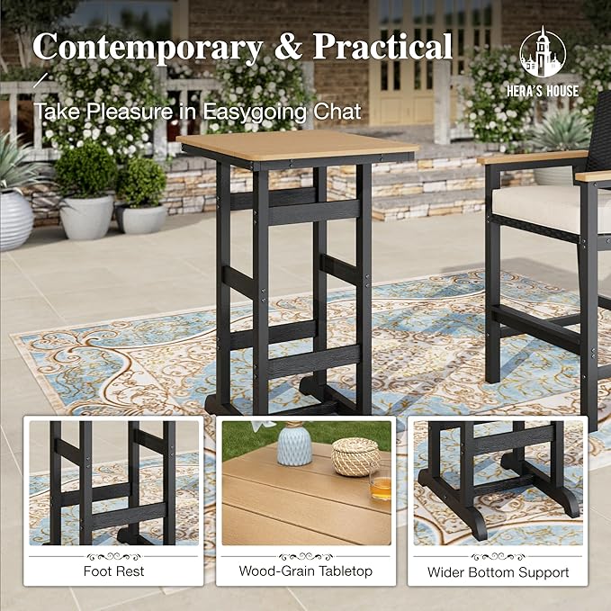 HERA'S HOUSE HDPE Outdoor Bar Set of 3, 2 Bar Stools with Wicker Backrest and Comfy Thick Cushion, 42” All Weather Outdoor Bar Table with Cut-Out Legs, Patio Bar Table and Chairs Set