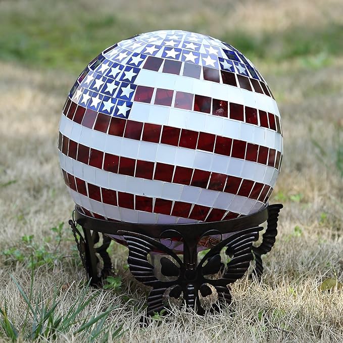 Mosaic Gazing Ball Patriotic Stars and Stripes Glass Globe Colorful Gazing Ball 10 inch for Outdoor Home Garden Yard Patio Decor