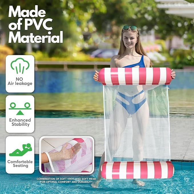 4 Pack Inflatable Pool Hammock Floats with Air Pump and Beach Ball, 4-in-1 Water Hammock Chair, Saddle, Lounge, and Drifter, Adult Size Pool Floaties for Swimming Pool