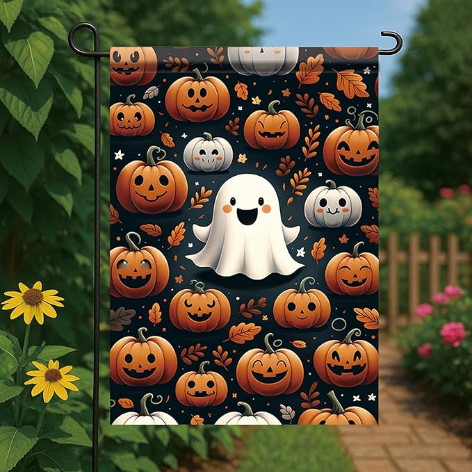 Halloween Pumpkin Ghost Garden Flag 12x18 Inch Double Sided for Outside Cute Ghost Pumpkin Yard Flag for Outdoor Holiday Home Decor