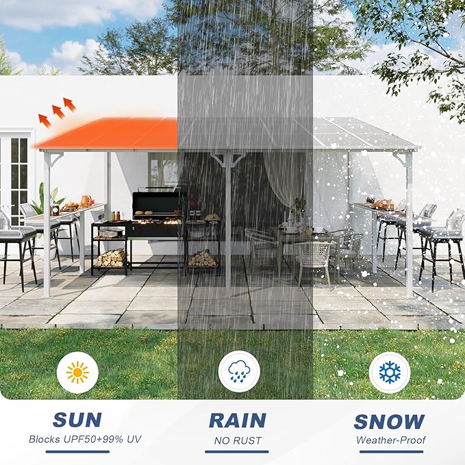 MEISSALIVVE 12' x 16' Wall Mounted Gazebo, Outdoor BBQ Grill Gazebo with Side Shelf, Lean to Metal Awnings with Sloped Roof, Heavy Duty Pergola for Backyard, Deck, White