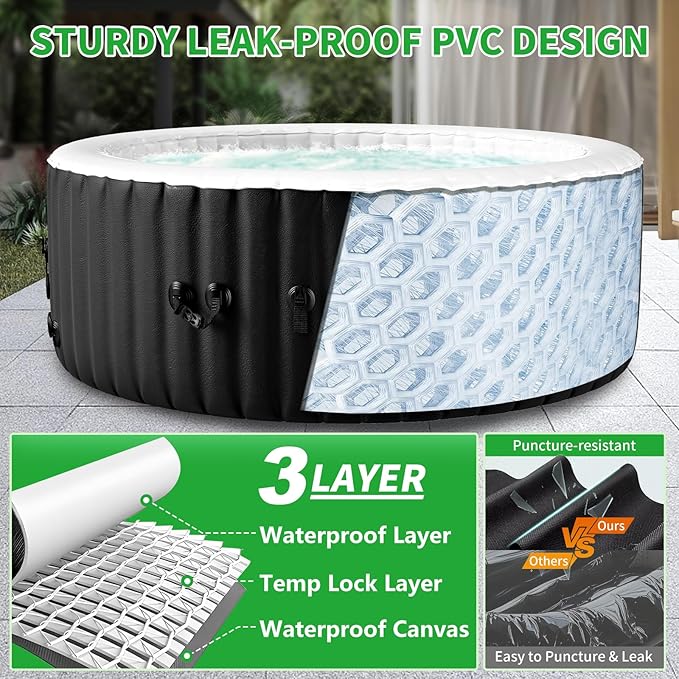 2-4 Person Inflatable Hot Tub, Round Blow Up Portable Hot Tub, Leak-Proof PVC Outdoor Spa with 120 Strong Air Jets, Heater Pump and Insulated Cover, 71” X 71”X 25”