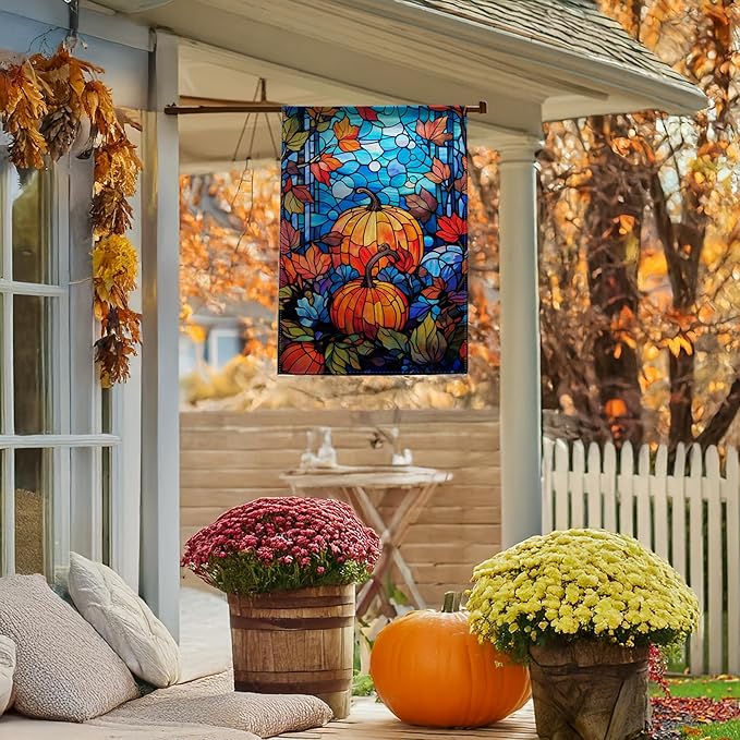 Garden Flags, Garden Flag, Stained Glass Style Pumpkin Maple Leaf Double-Sided Flags for Farmhouse Yard Outdoor Decoration-12 x 18inch (Pumpkin)