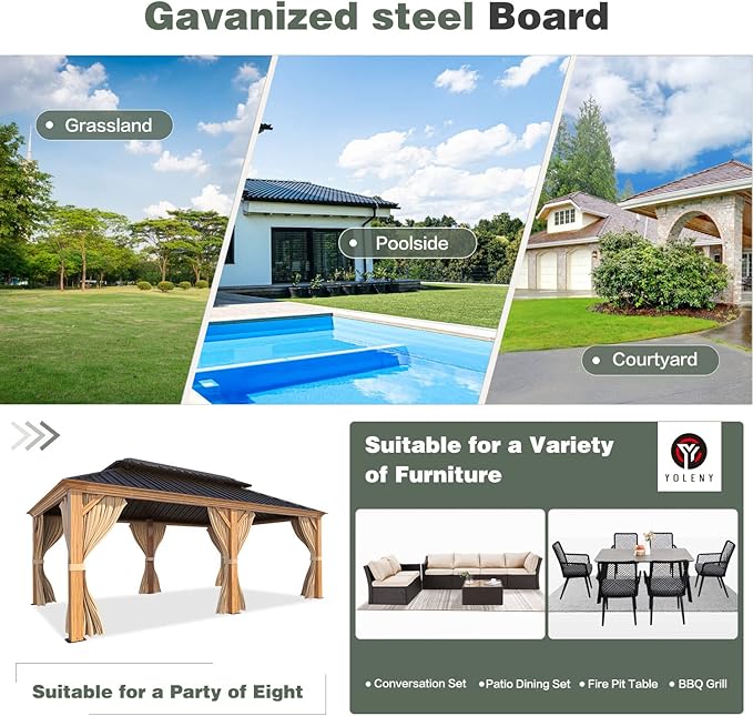 YOLENY 12'x20' Gazebo, Galvanized Steel Double Roof with Wood Grain Aluminum Frame, Outdoor Permanent Metal Pavilion with Curtains and Nettings for Patio, Backyard and Deck