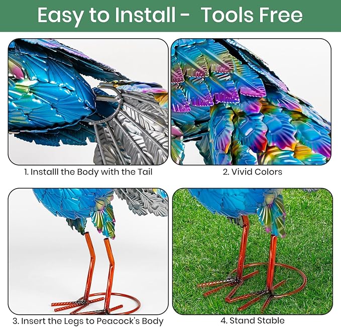 Peacock Yard Art Garden Decor Metal Peacock Outdoor Statue & Sculpture for Patio Lawn Backyard Decorations Vibrant Multicolor, Blue