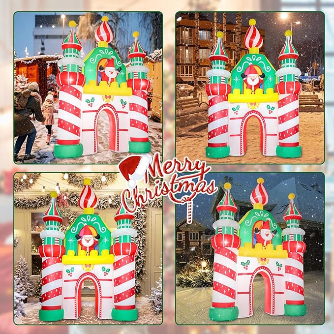 MUMTOP 10FT Christmas Inflatables Outdoor Decoration, Castle Christmas Inflatable with Santa Claus and Built-in Led Lights Blow Up Inflatable for Outdoor Party Lawn Garden Decoration