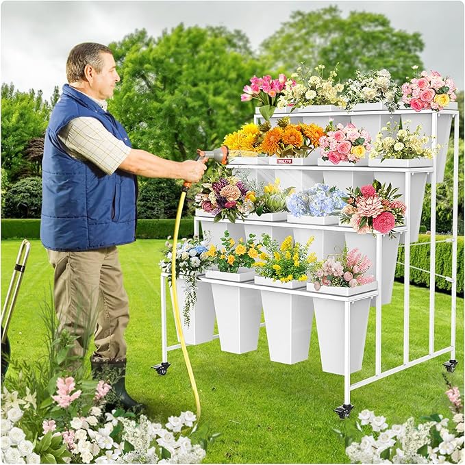 Flower Display Stand 4 Layers with 16 PCS Square Buckets, Plant Stand with Wheels, Movable Metal Plant Stand for Terrace Garden, Living Room, Florist Shop