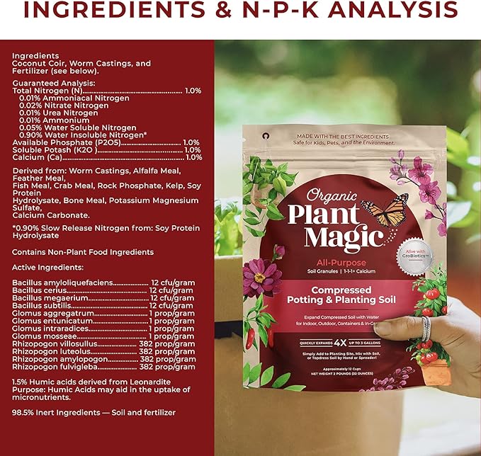 Compressed Organic Potting Soil: 100% Organic, Expands Up to 4X with Water, Nutrient-Dense Plant Food Derived from Worm Castings, Types of Plants, Kid & Pet Safe (Two 2 lb Bags)
