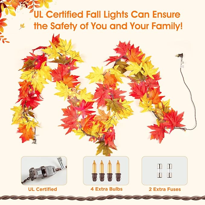 Fall Decorations for Home Large Maple Leaves 9Ft Plug in Fall Lights with 50 Orange Bulbs UL Certified Connectable Fall Decor Garland for Indoor Outdoor Halloween Thanksgiving Harvest Decorations