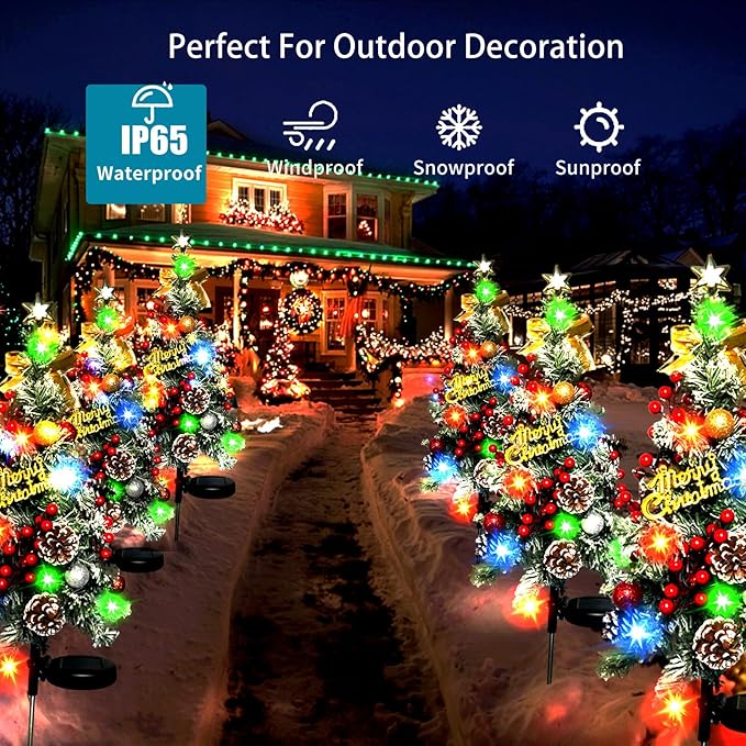 Solar Christmas Tree Outdoor Christmas Decorations,2 Pack 40 Led Light 2 Modes Outdoor Waterproof,Solar Powered XmasTree for Garden Yard Pathway Lawn Cemetery Decoration
