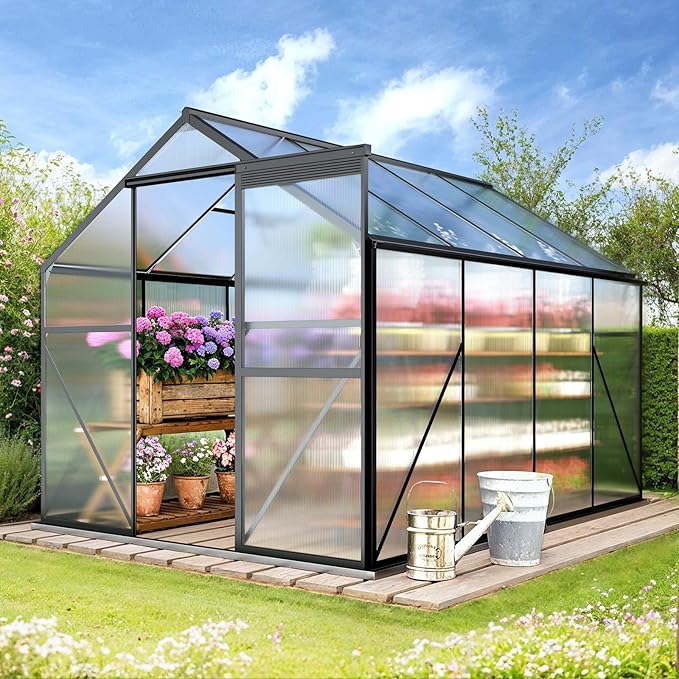 Gizoon 8x6 FT Outdoor Greenhouse, Polycarbonate Walk-in Garden House with Adjustable Roof Vent & Sliding Door, Aluminum Frame Garden Plant House for Backyard, Patio and Gardening (Black)