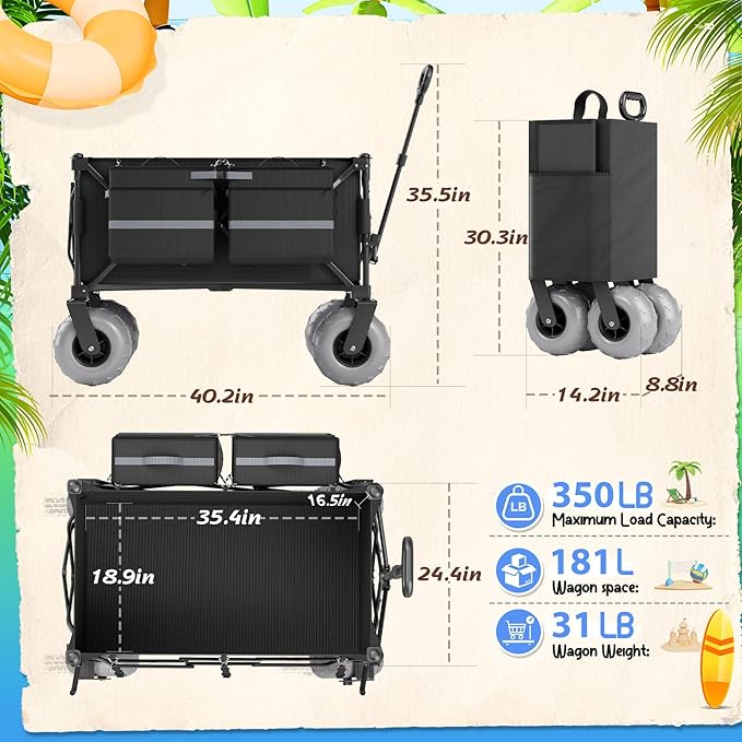 Beach Wagon with Big Wheels for Sand Heavy Duty Collapsible Wagon with 9" All Terrain Inflatable Tires, Foldable Beach Cart for Camping Outdoor Grocery Shopping Garden Sports