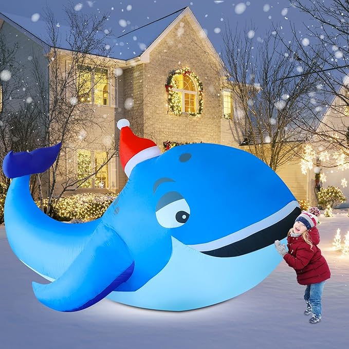 DR.DUDU 10 FT Christmas Inflatable Outdoor Decorations, Blow Up Whale Inflatables with Santa Hat LED Lights for Yard Lawn Garden Outside Large Xmas Holiday Decoration