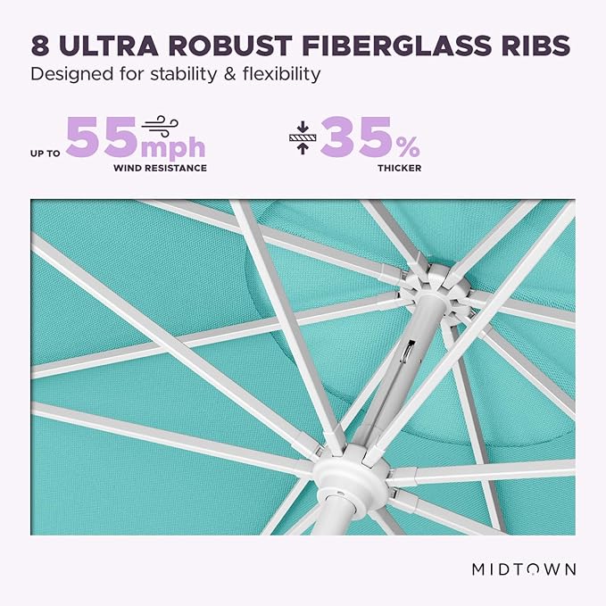 Midtown Umbrellas The Swilt 8 Feet Patio Umbrella in Sunbrella Aruba Acrylic Fabric - Fiberglass Ribs, Auto-Tilt Aluminum Frame For Backyard, Deck, Garden, Pool - White Pole