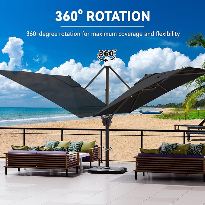 9' X 12' Cantilever Patio Umbrella with Base Included 360°Rotation Rectangular Outdoor Large Offset Umbrellas Heavy Duty Windproof for Garden Deck Pool, Grey